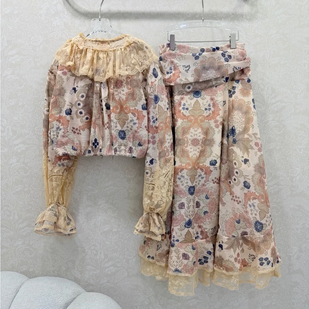 Zimmermann Floral Lace Tiered High-Low Midi Skirt in Cream with Pastel Accents